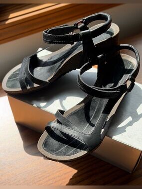 Teva Black Leather Ankle-Strap Wedge Sandals